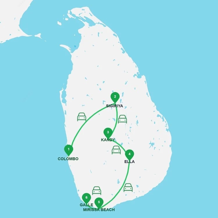 Routenkarte der Gay Gruppenreise durch Sri Lanka mit Colombo, Sigiriya, Kandy, Ella, Mirissa und Galle