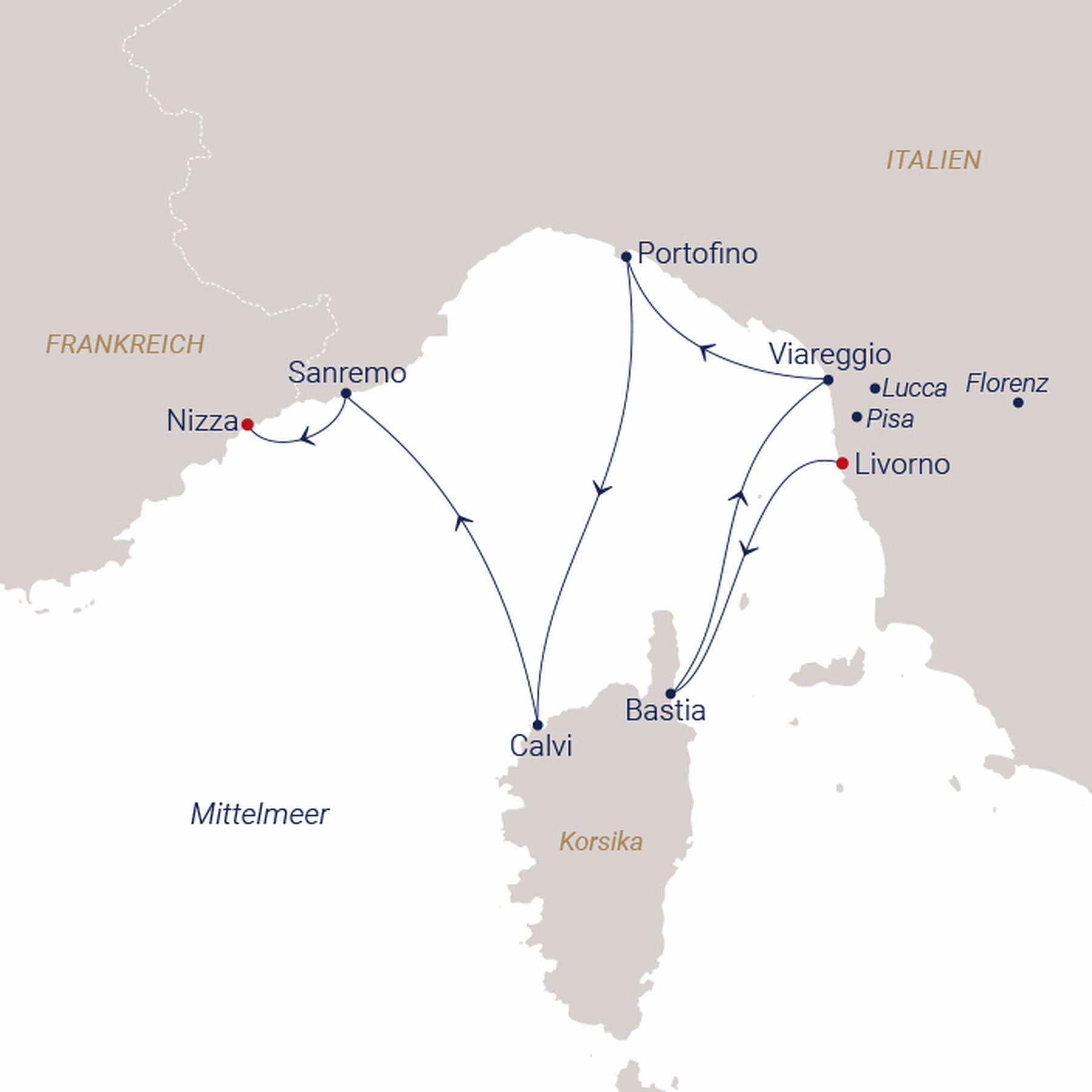 Karte der Gay Sea Cloud Cruise Route von Livorno über Korsika und die italienische Riviera bis Nizza mit der SEA CLOUD SPIRIT
